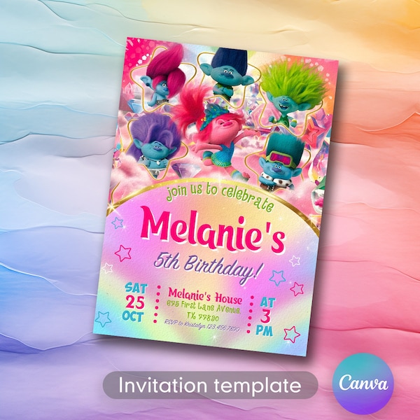 Editable trolls Invite, Printable birthday invitation, Girl Birthday, Electronic invitation, poppy Invite templatetemplate, trolls party