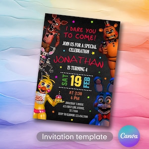 May include: A colorful invitation for a birthday party featuring characters from the video game Five Nights at Freddy's. The invitation is for Jonathan's 4th birthday party on Saturday, February 19th at 2:30 PM. The invitation includes the text "I dare you to come!" and "Join us for a special celebration."