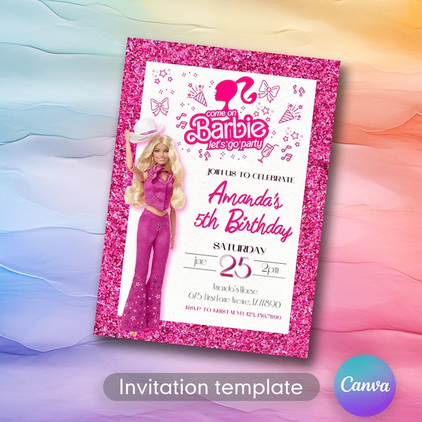 Printable Doll Birthday Invitation, Girl fashion Birthday invitation, bestie invitation, malibu hot pink birthday party, Instant Download