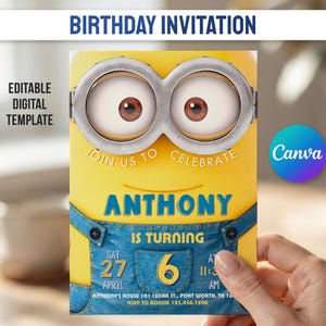May include: A yellow birthday invitation template featuring a character with large silver goggles and brown eyes. The text reads BIRTHDAY INVITATION, JOIN US TO CELEBRATE, ANTHONY IS TURNING 6, SAT 27 APRIL, AT 11:30 AM, ANTHONY'S HOUSE 101 CEDAR ST, FORT WORTH, TX, RSVP TO BONNIE 123.456.7890.