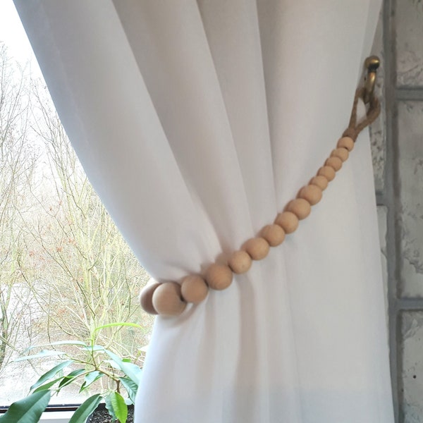 Embrasses pour rideaux en perles de bois - Embrasses en corde de jute. Perles naturelles décoratives. Décoration de rideaux - Accessoires minimalisme Rideaux.