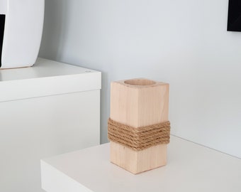 Tasse carrée en bois - Support de cuisine - Porte-crayons et stylo - Rangement pour brosse à dents - Bois et corde de jute - Décoration d'intérieur