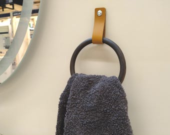 Wooden Towel Holder with Leather Strap - Bathroom & Kitchen