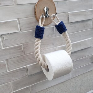 Nautical Cotton Rope Toilet Paper Holder: Navy & Wood, Adhesive Mount ...