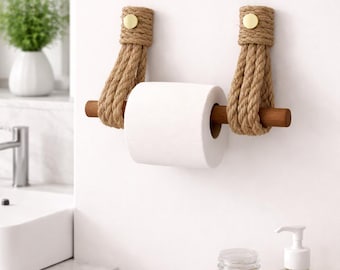 Rustic Jute Rope Toilet Paper Holder with Wooden Rod – Handmade Boho Bathroom Decor