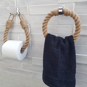 Conjunto de banheiro rústico: porta-toalhas e suporte para papel higiênico em corda de juta com ferragens cromadas