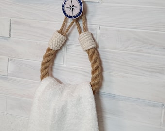 Handdoekhouder jute touw met wit accent en nautische kompashaak