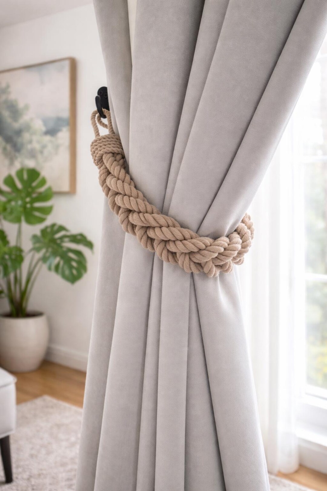 Coiled Rope Drapery Beige Cotton Rope Curtain Tieback, 4-strand Braided Drapery Holdback ...