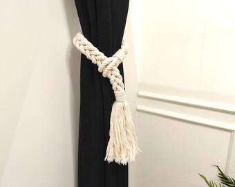 White Cotton Rope Curtain Tieback – Braided Holdback with Tassel