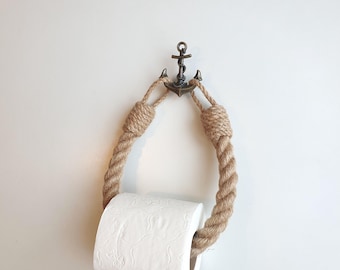 Nautical Toilet Paper Holder, Jute Rope Toilet Roll Holder, Brass Anchor Hook Bathroom Decor, Handmade Coastal Bath Accessory, Marine Style