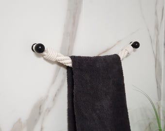 White Cotton Rope Towel Holder with Black Metal Hooks | Minimalist Kitchen & Bath Decor