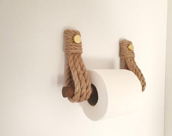 Rustic Jute Rope Toilet Paper Holder, Dark Wood, Boho Bathroom Decor
