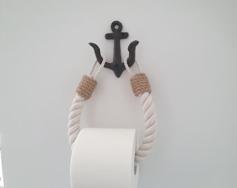 Nautical Toilet Paper Holder, Anchor Toilet Roll Holder, White Rope Bathroom Decor, Coastal Bathroom Accessory, Handmade Maritime Decor