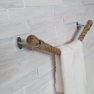 Portasciugamani in corda - Corda di juta. Bagno con decorazioni nautiche - Portasciugamani. Accessorio da parete con ferramenta cromata - Design rustico