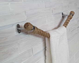 Jute Rope Towel Holder: Nautical Bathroom Decor with Chrome Hardware