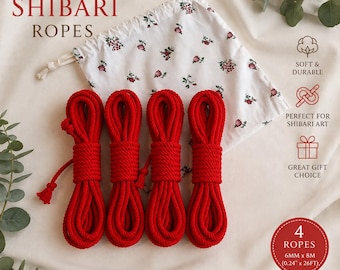 Red Cotton Shibari Rope Set – 4 Pack Japanese Rope Art Kit 6mm x 8m (0.24"x26ft) – Soft Kinbaku Rope with Cotton Storage Bag – Handmade Gift