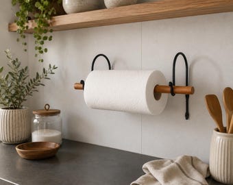 Paper Towel Holder | Wall Mount Kitchen Roll Holder | Forged Iron & Wooden Rod | Handmade Rustic Farmhouse Decor