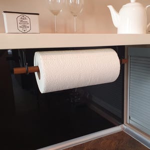 Paper Towel Holder - Kitchen Accessories - Towel Storage - Wooden Pin and Metal Black Hooks
