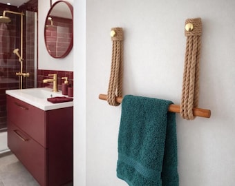 Toallero rústico de cuerda con barra de madera: toallero de baño de pared hecho a mano
