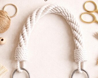 Handmade White Cotton Rope Bag Handles with Silver Rings, Minimalist Tote Strap