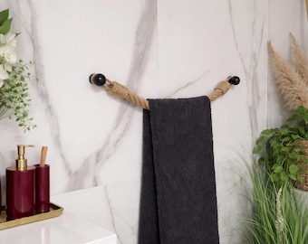 Jute Rope Towel Holder with Black Metal Hooks | Rustic Kitchen & Bathroom Decor | Multiple Sizes