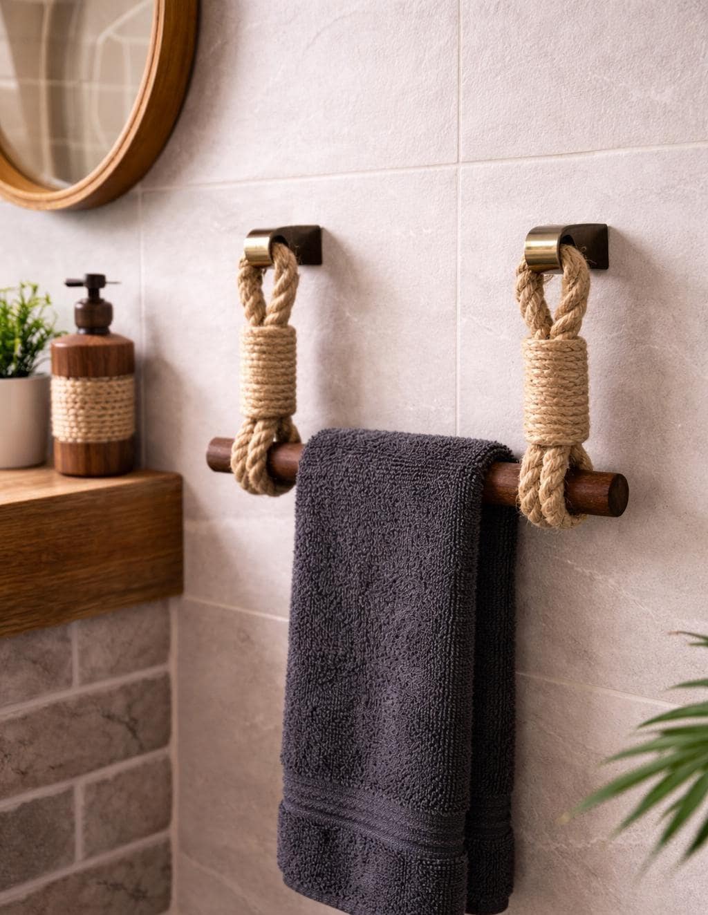 Jute Rope Towel Holder - Wooden Bar & Brass/Silver Wall Brackets