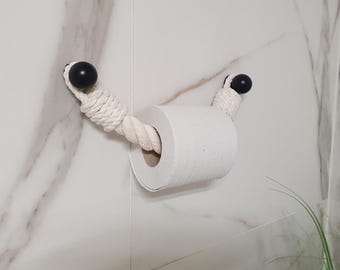 Handmade Cotton Rope Toilet Paper Holder | Black Metal Hooks, Minimalist Decor