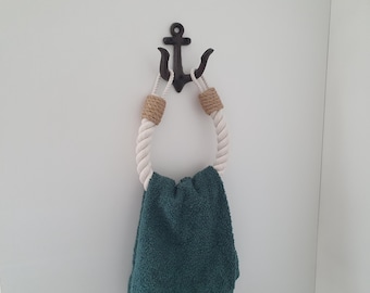 Nautical Towel Holder, Anchor Towel Hook, White Rope Towel Rack, Jute Coastal Bathroom Decor, Handmade Maritime Wall Decor