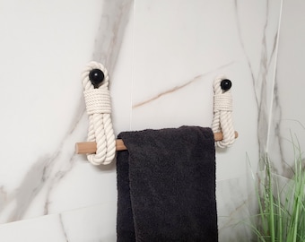 Cotton Rope Towel Holder with Wooden Rod | Black Metal Hooks | Minimalist Kitchen & Bath Decor