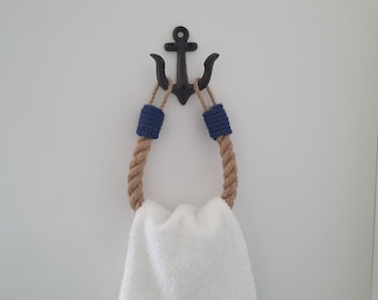 Nautical Towel Holder with Anchor Hook, Jute Rope Towel Rack, Coastal Bathroom Decor, Maritime Kitchen Decor, Handmade Rustic Wall Hook
