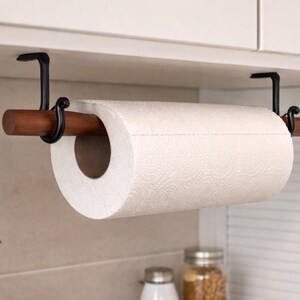 Paper Towel Holder - Kitchen Accessories - Towel Storage - Wooden Pin and Metal Black Hooks
