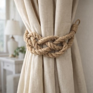 Set of 2 Jute Rope Curtain Tiebacks: Natural Woven Window Decor