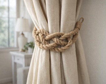 Set of 2 Jute Rope Curtain Tiebacks: Natural Woven Window Decor