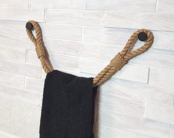 Jute Rope Towel Holder with Black Metal Hooks - Bathroom Kitchen Decor