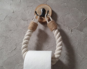 Wood Toilet Paper Holder - Wooden Cut. Cotton Rope Rustic Decor. Paper Storage. Towel Holder. Bath Accessories