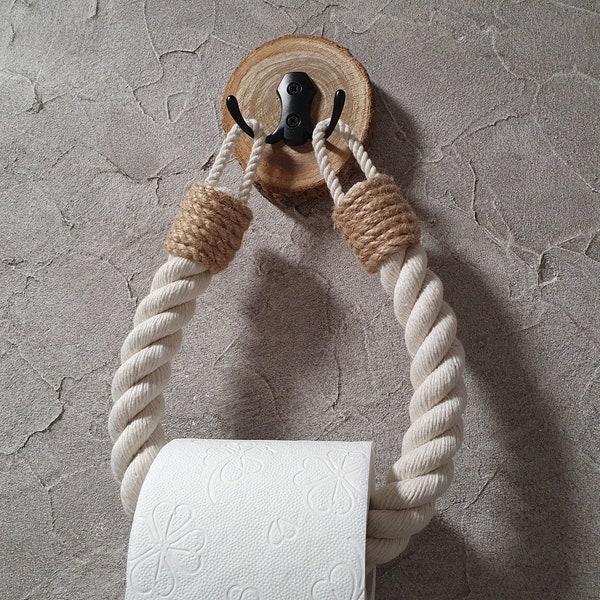 Porte-papier hygiénique en bois - Bois découpé. Décoration rustique en corde de coton. Rangement du papier. Porte-serviettes. Accessoires de bain