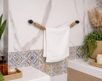Jute Rope Towel Holder with Round Black Hooks | Rustic Kitchen & Bath | Multiple Sizes