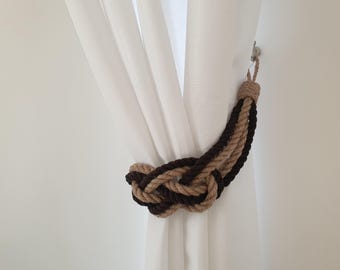 Handgemaakte gordijnophanger van jute en bruin katoen touw – Rustieke gordijnhouder – Raamdecoratie van natuurlijk touw – Boho-boerderijstijl