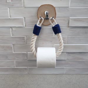 Nautical Cotton Rope Toilet Paper Holder: Navy & Wood, Adhesive Mount ...