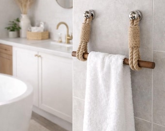 Towel holder -Handmade Jute Rope Towel Rack - Rustic Wood & Chrome Bathroom Decor