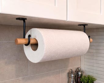 黒のペーパータオルホルダー、木製キッチンロールホルダー、壁掛けペーパータオルラック、素朴でモダンなキッチン装飾、ミニマリストなオーガナイザー装飾
