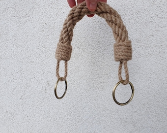 Jute rope bag handles with round metal carabiners, different sizes and colors of locks