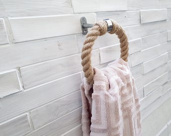Round Jute Rope Towel Holder with Chrome Hardware.. Modern Rustic Bathroom Accessory..towel ring..farmhouse style