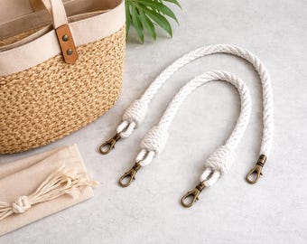 White rope bag handles with brass carabiners, various sizes and colors of fittings