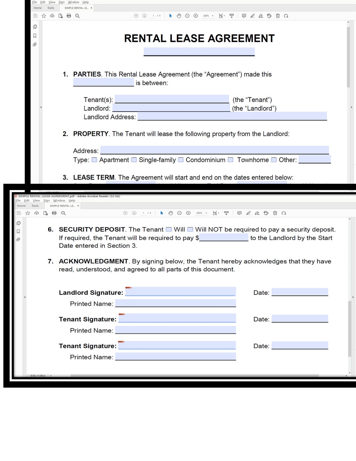 Simple Rental Lease Agreement Digital Download Active Fields With
