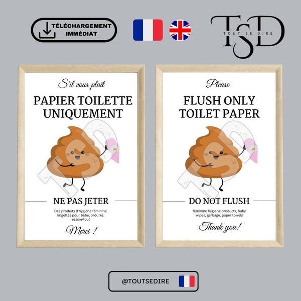 Téléchargement Numérique Affiche Toilettes WC humour location saisonnière Airbnb En français Anglais À imprimer chez vous TSD