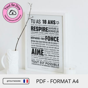 Téléchargement immédiat français Carte Affiche A4 anniversaire 18 ans majorité à télécharger et imprimer par vos soins ToutSeDire