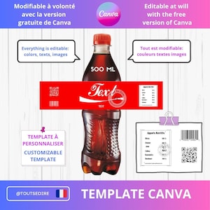May include: A brown soda bottle with a red label that says "Text" and "Tout Se Dire". The bottle is 500 ml. The image includes the text "Everything is editable: colors, texts, images" and "Customizable Template".