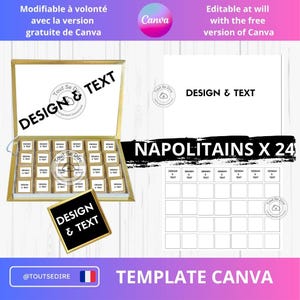 Plantilla de empaque descargable para una caja de 24 bombones Napolitin: Etiqueta de chocolate cuadrada editable en Canva para personalizar (ToutSeDire)