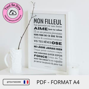Téléchargement PDF immédiat français Affiche A4 carte cadeau mon FILLEUL crois en toi à télécharger et imprimer par vos soins ToutSeDire